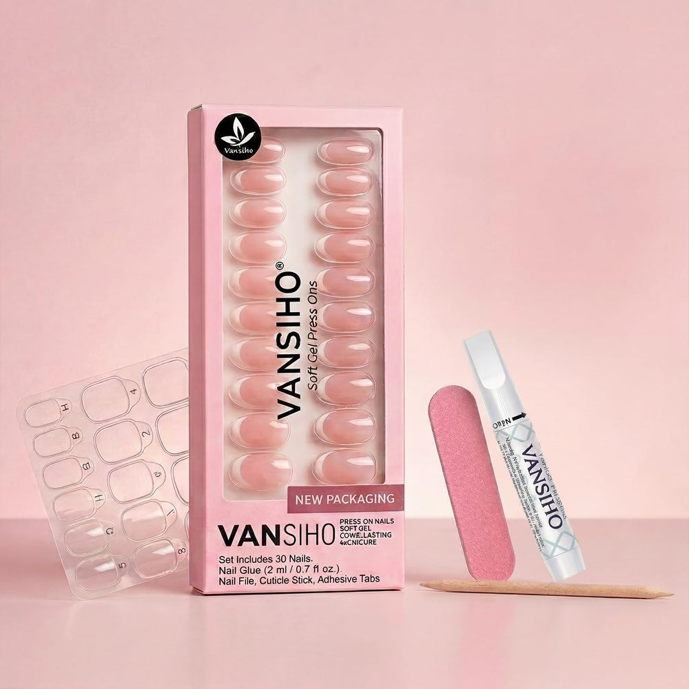 Vansiho hands applying press-on nails demonstrating quick and easy application