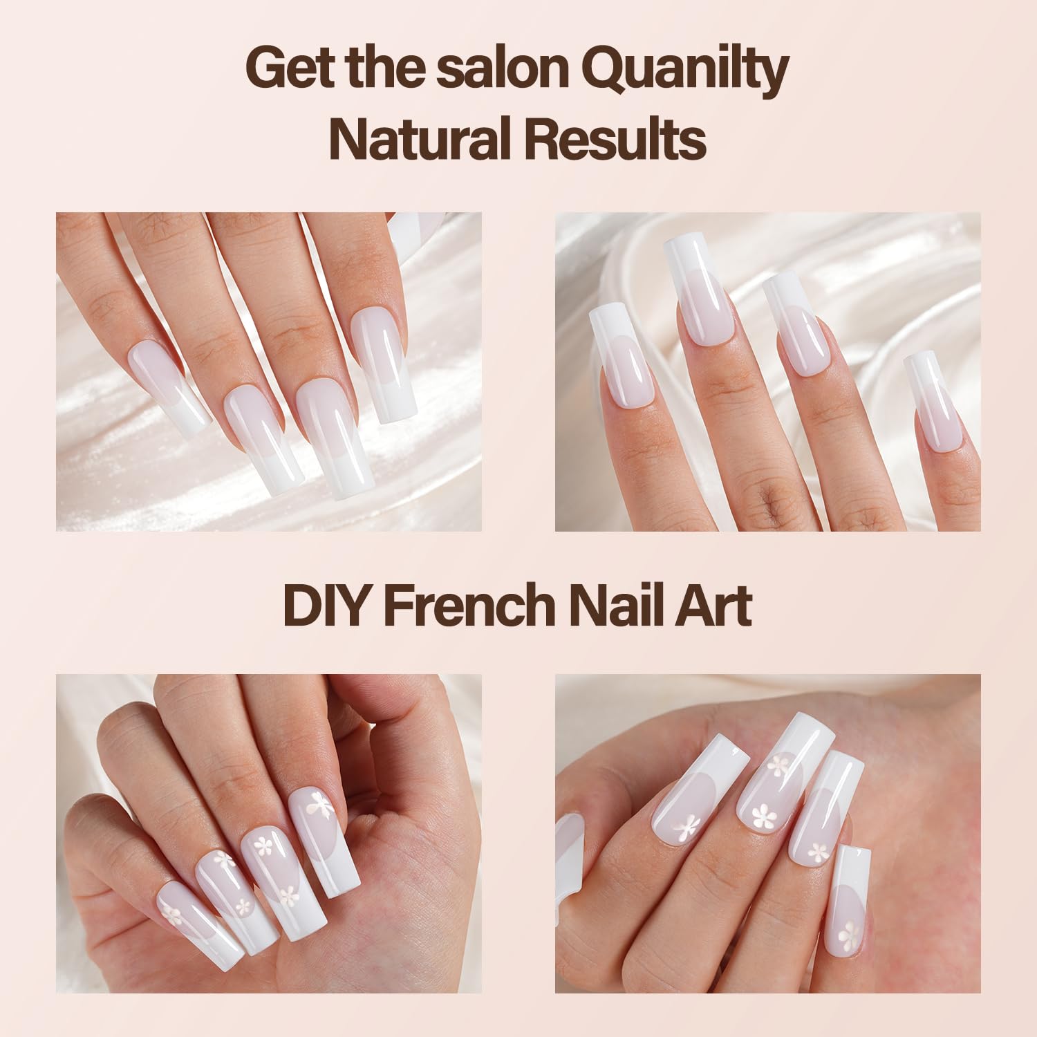 Vansiho model hands wearing milky white square tips demonstrating finished look