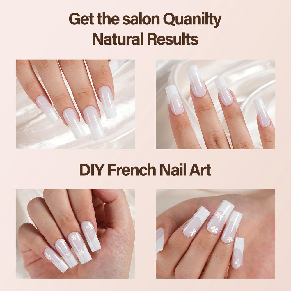 Vansiho model hands wearing milky white square tips demonstrating finished look