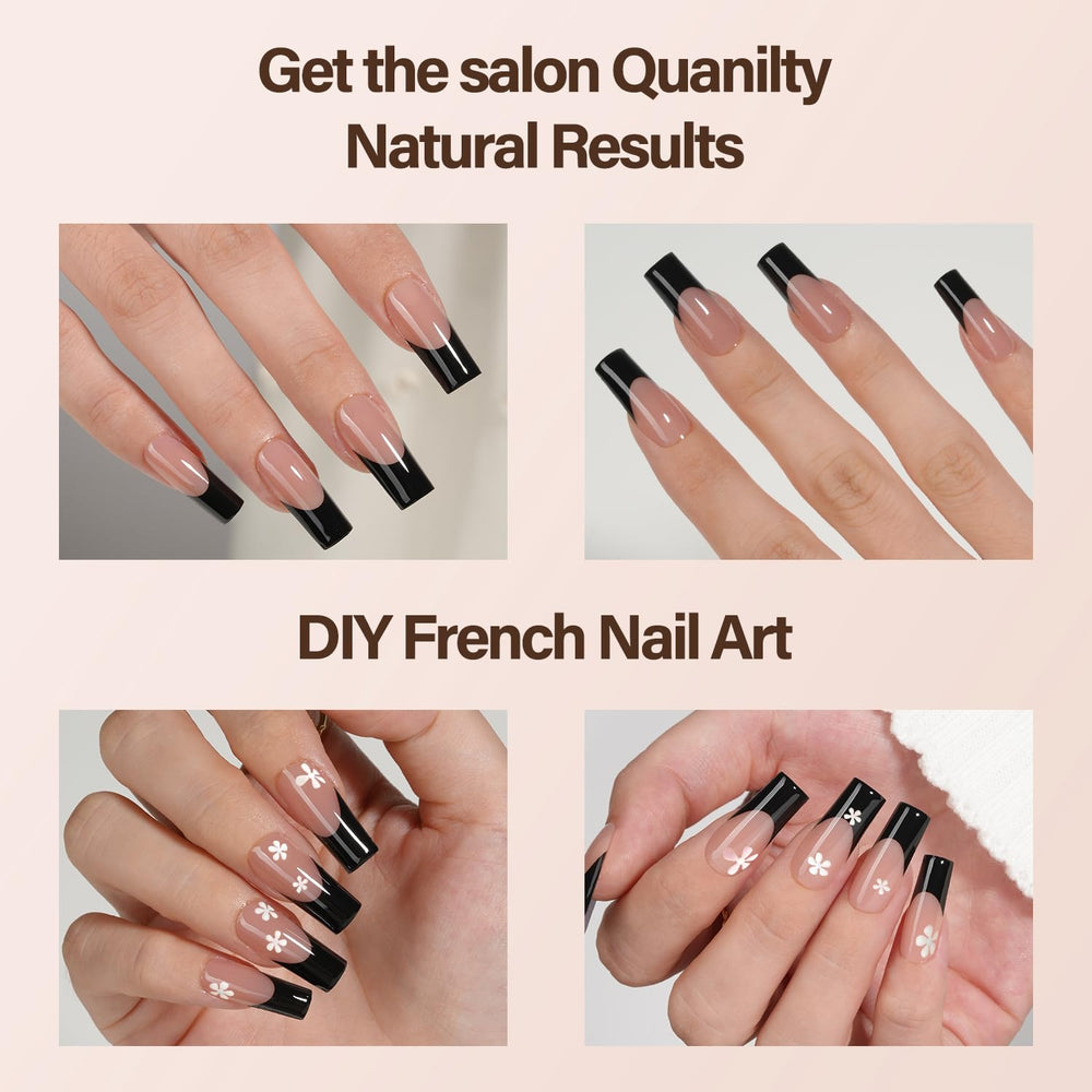 Vansiho long square nails worn on hands showing polished French finish