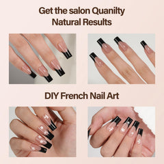 Vansiho long square nails worn on hands showing polished French finish