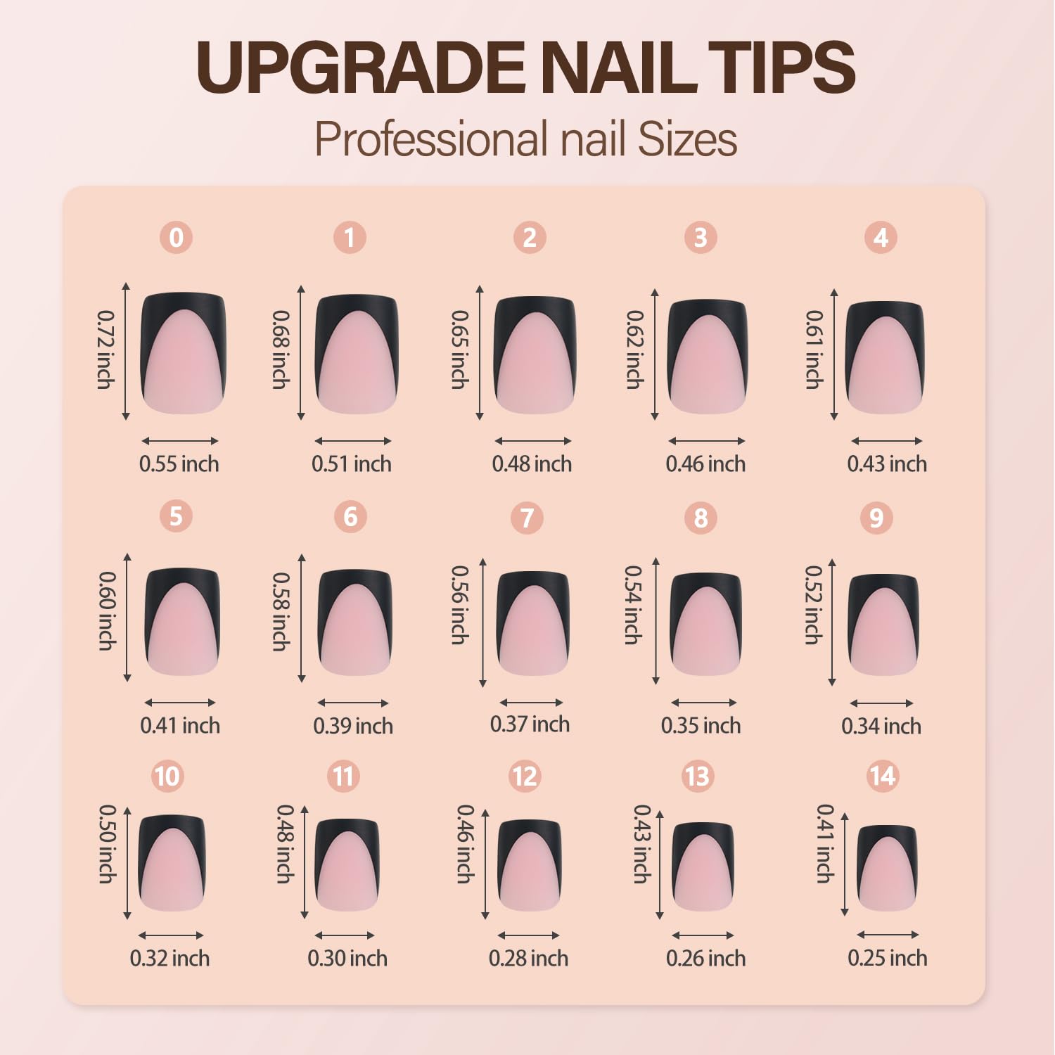 Vansiho size comparison chart displaying 15 sizes for accurate nail fitting