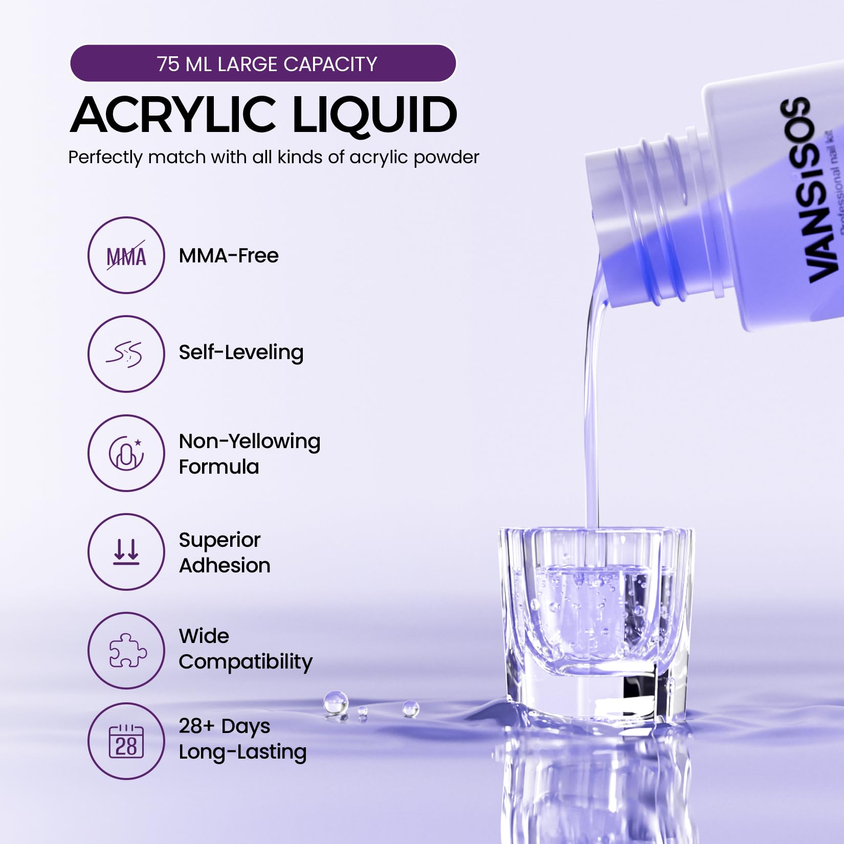 VANSISOS 75ml acrylic liquid bottle label showing consistent flow