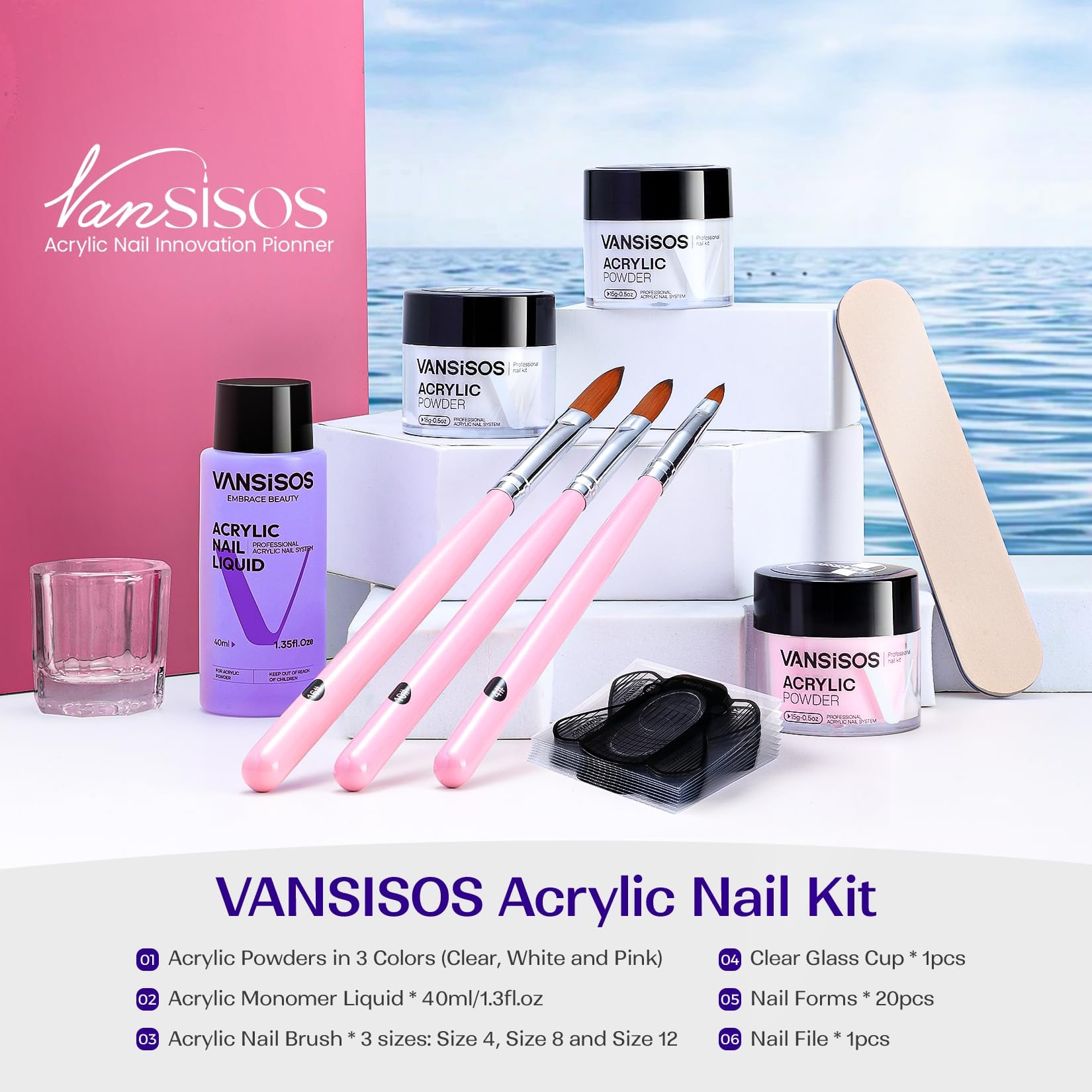 VANSISOS pink white clear acrylic powders jars for versatile designs