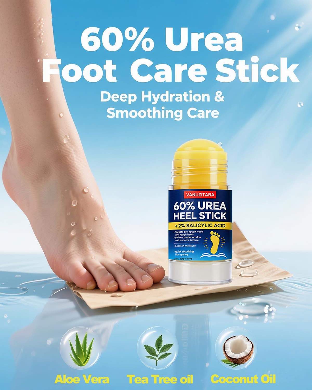 VANUZITARA stick being applied to heel for targeted hydration