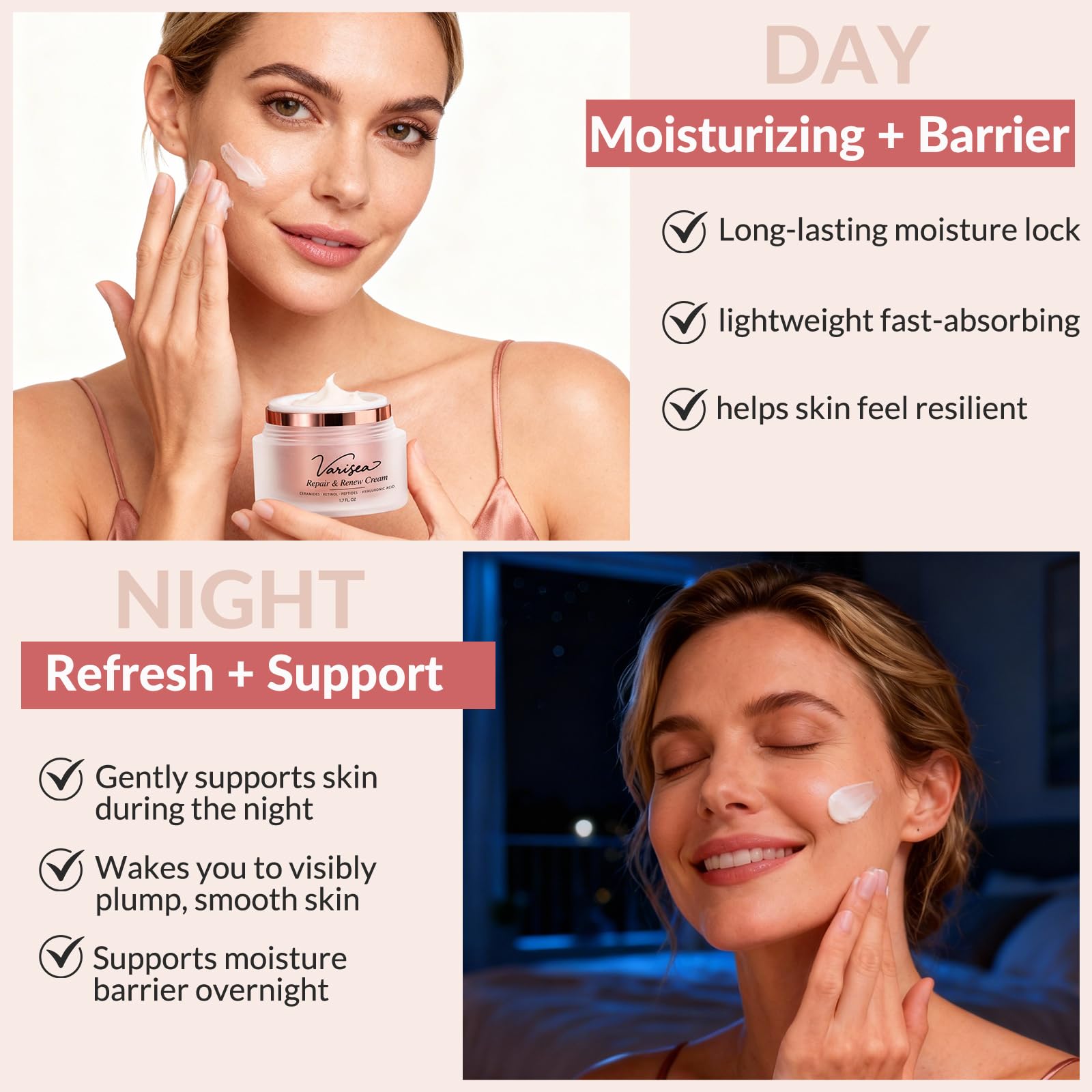 Varisea whipped cream texture close-up showing lightweight, fast-absorbing benefit
