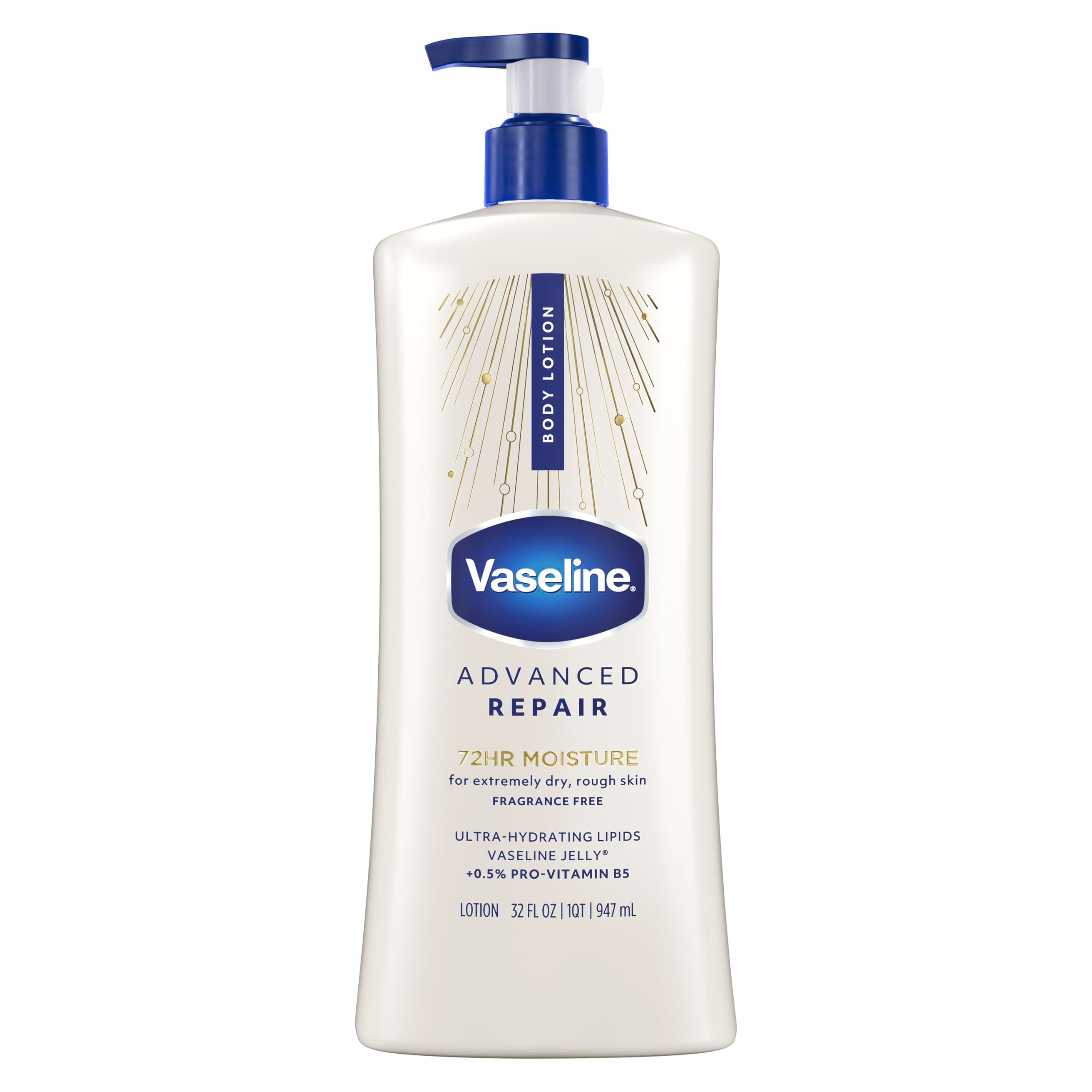 Vaseline front packaging showing unscented 32 oz bottle and benefits