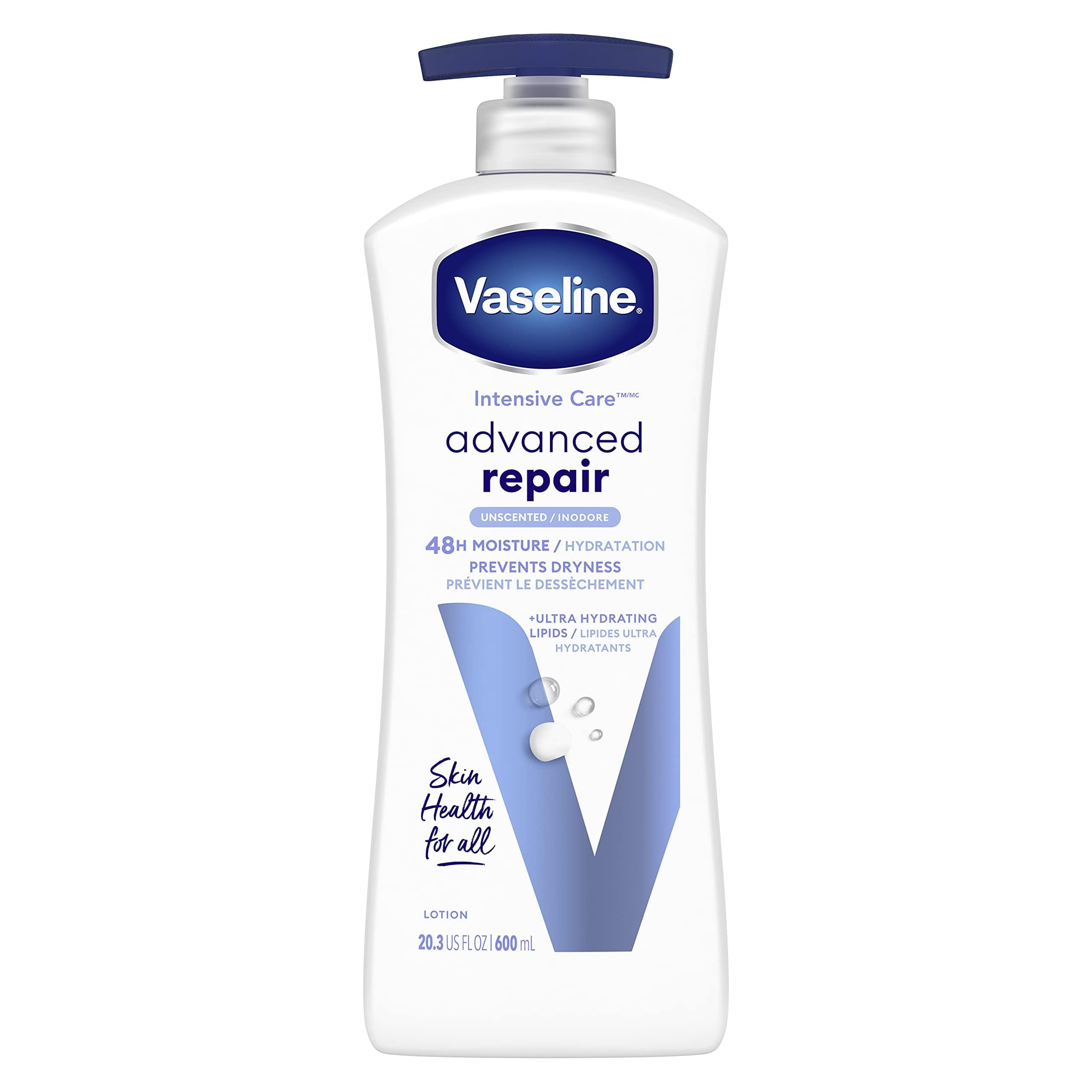 Vaseline front pump bottle showing unscented 20.3 oz and benefits