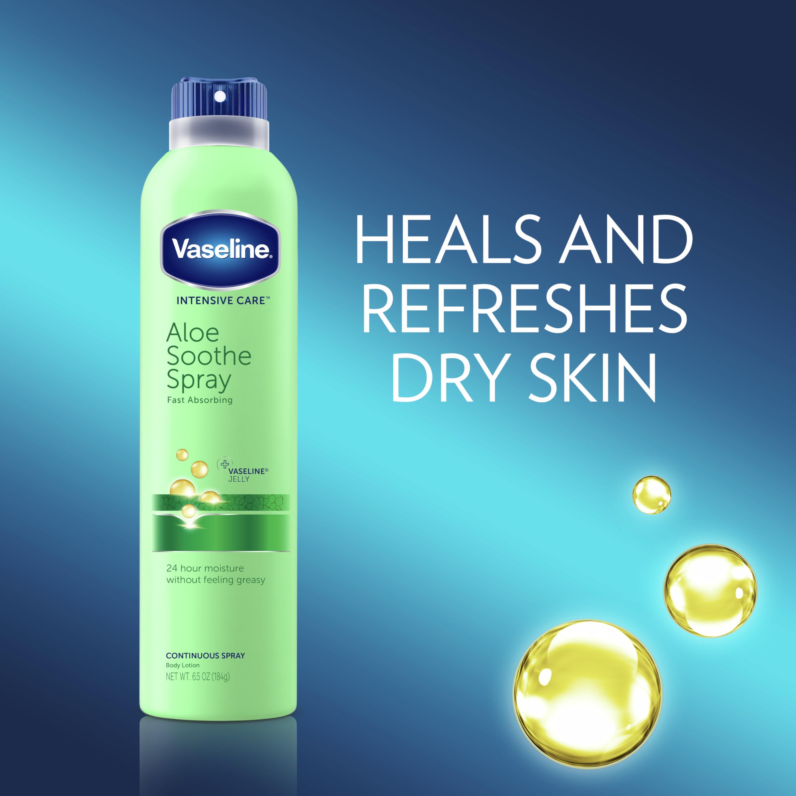 Vaseline close-up of spray nozzle and label highlighting non-greasy benefit