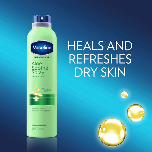 Vaseline close-up of spray nozzle and label highlighting non-greasy benefit