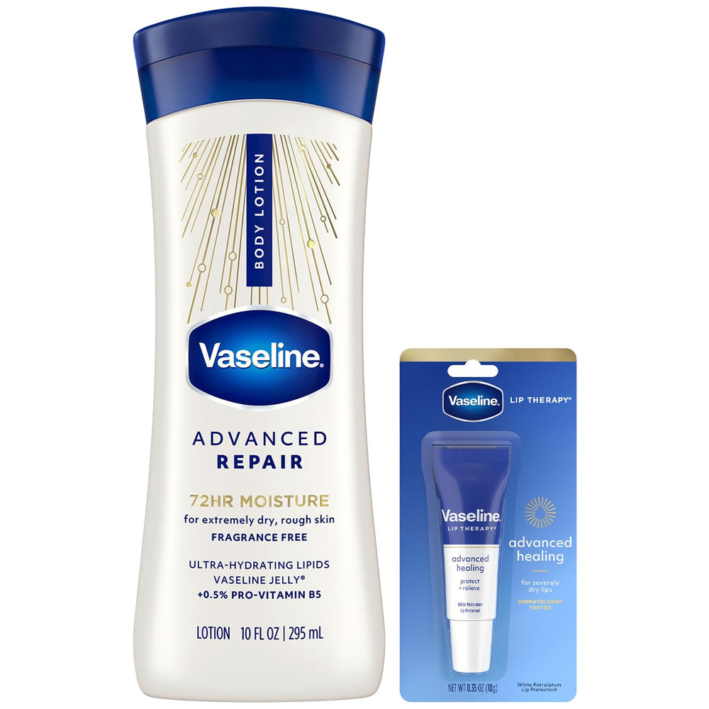 Vaseline bottle front view showing unscented formula and quick hydration benefit