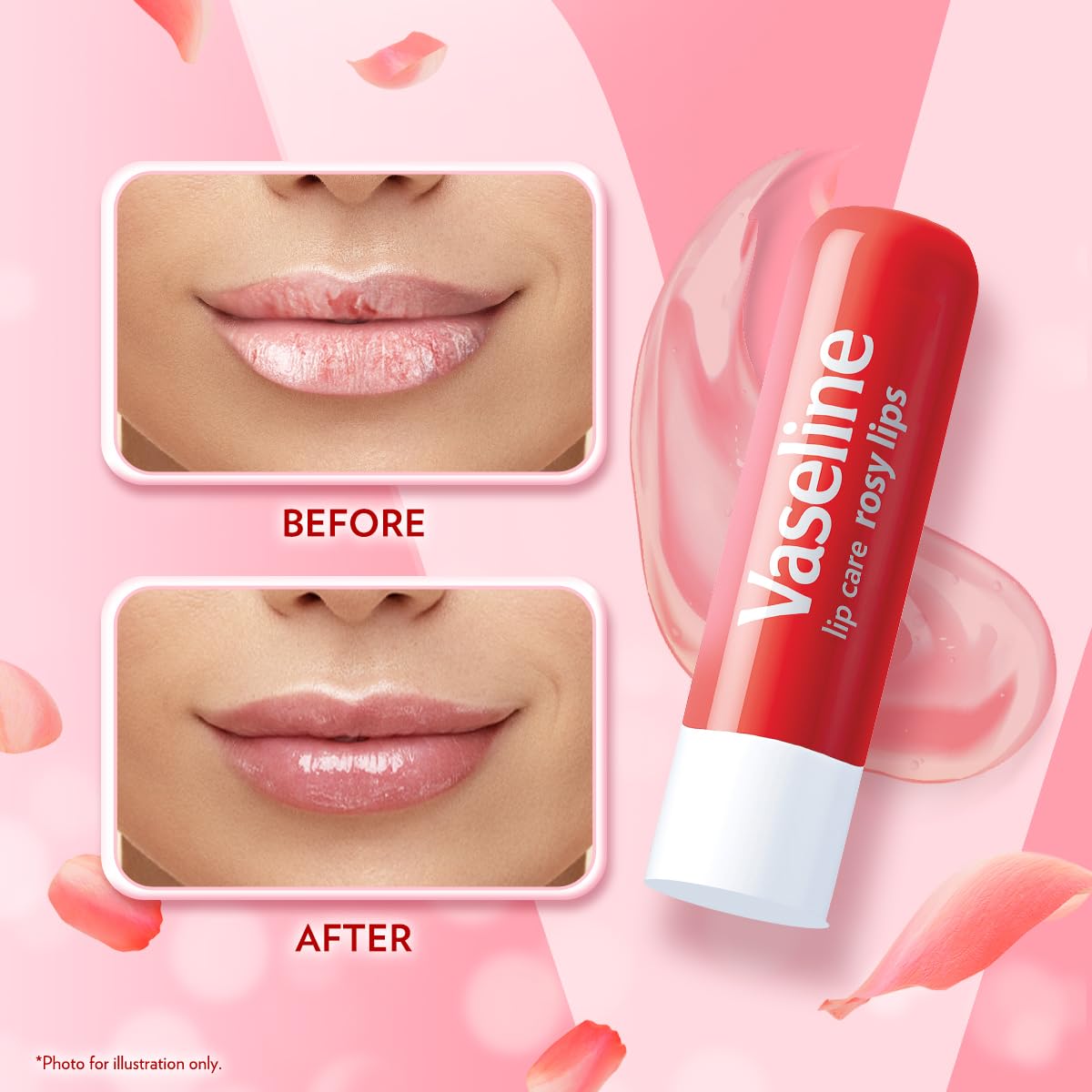 Vaseline rosy stick beside a coin showing compact size and travel-friendly design