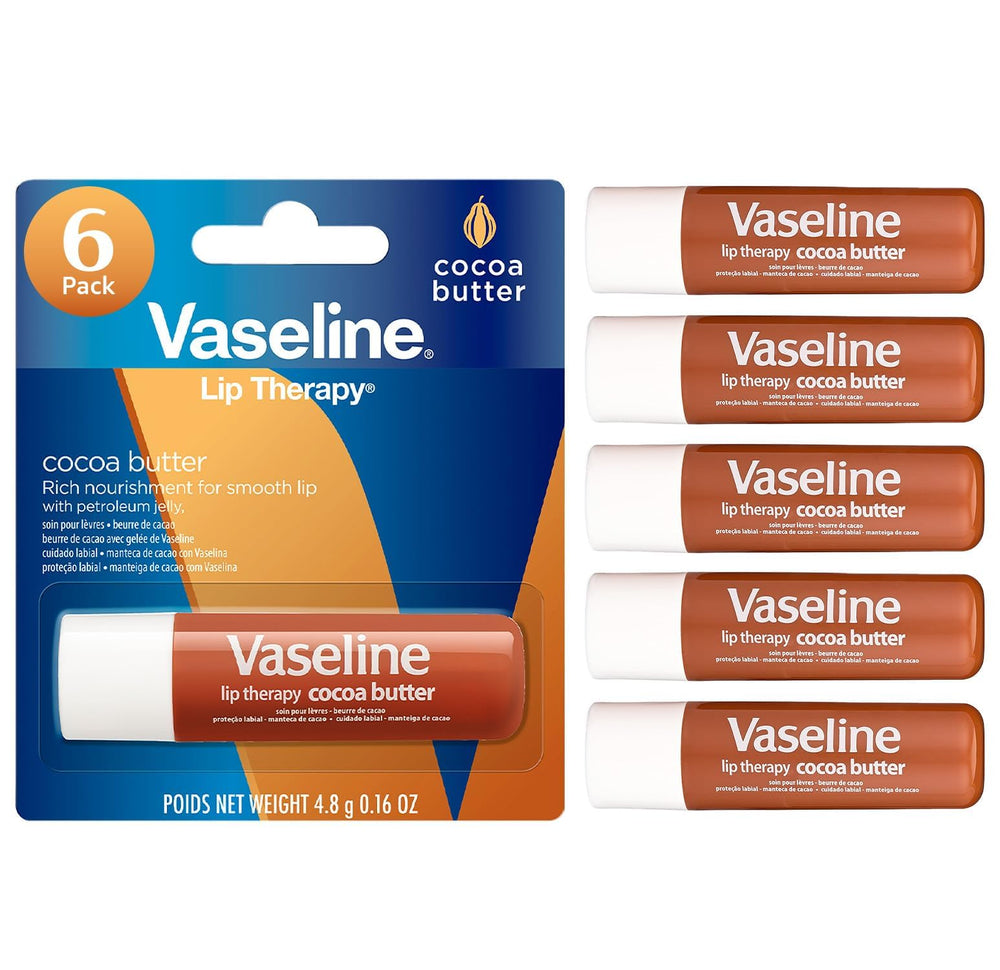 Vaseline front packaging showing six cocoa butter lip balms for hydration