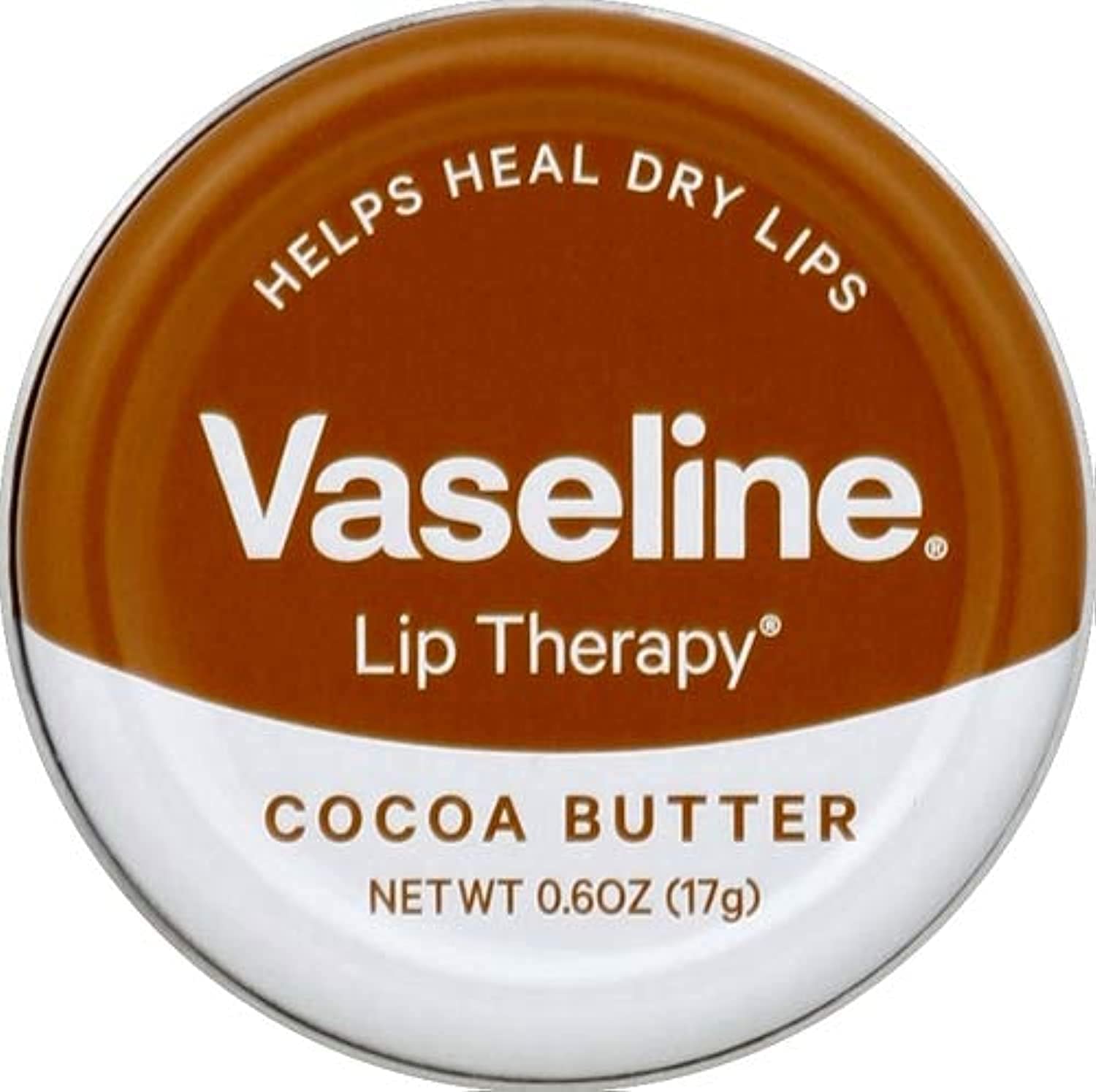 Vaseline cocoa butter tin front packaging shows compact design and branding benefit: travel ready