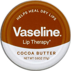 Vaseline cocoa butter tin front packaging shows compact design and branding benefit: travel ready