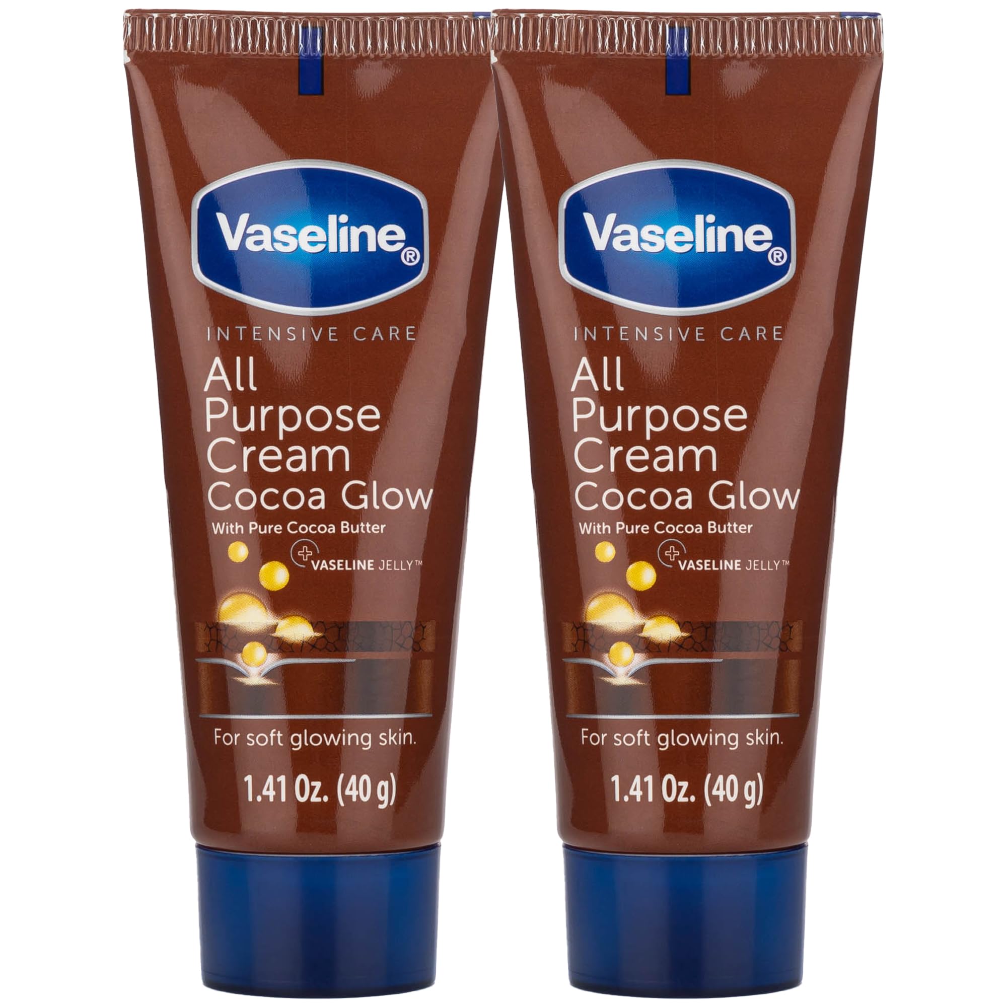 Vaseline Cocoa Glow front packaging showing travel 2-pack and benefits