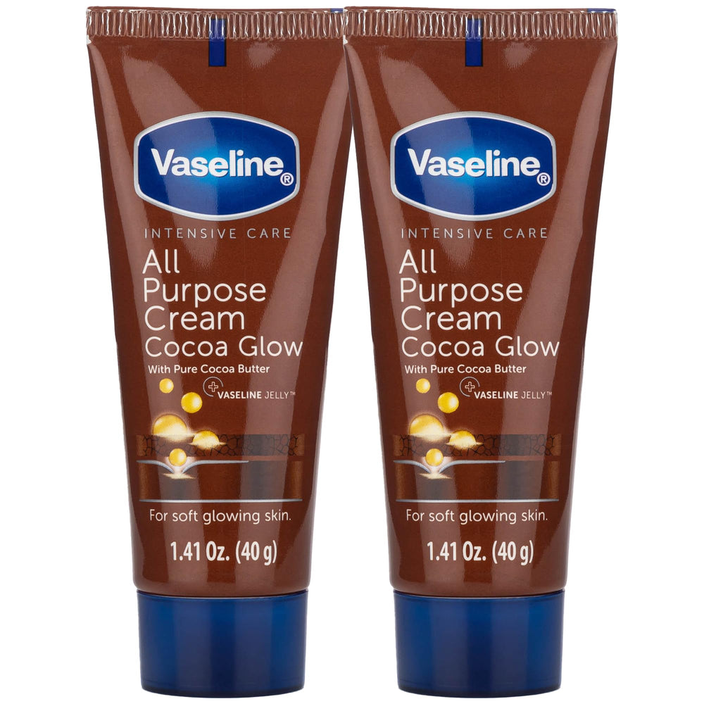 Vaseline Cocoa Glow front packaging showing travel 2-pack and benefits