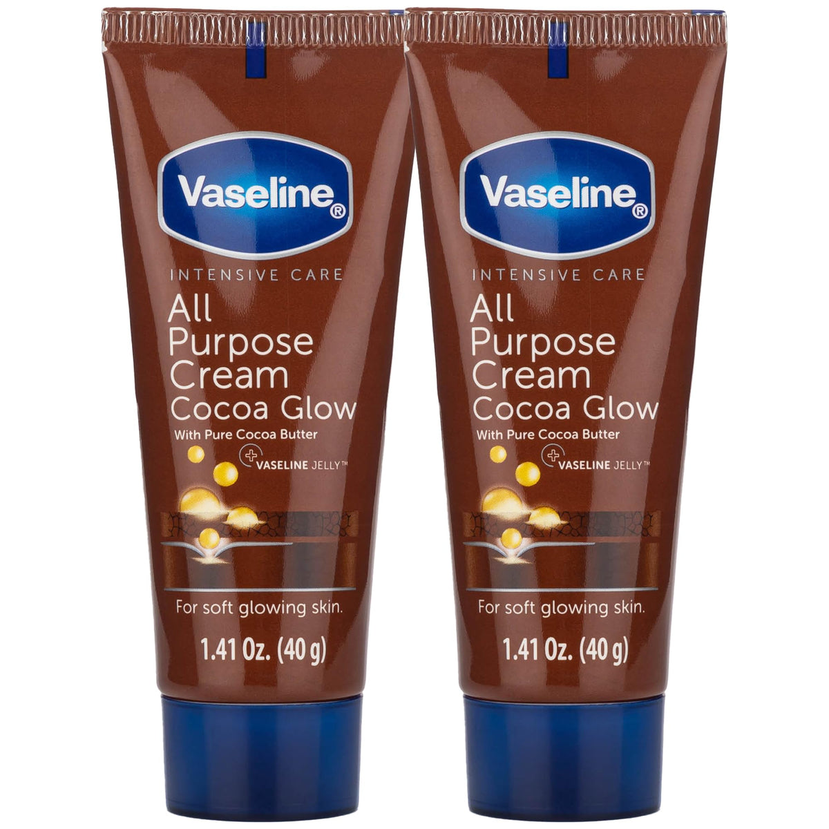 Vaseline Cocoa Glow front packaging showing travel 2-pack and benefits