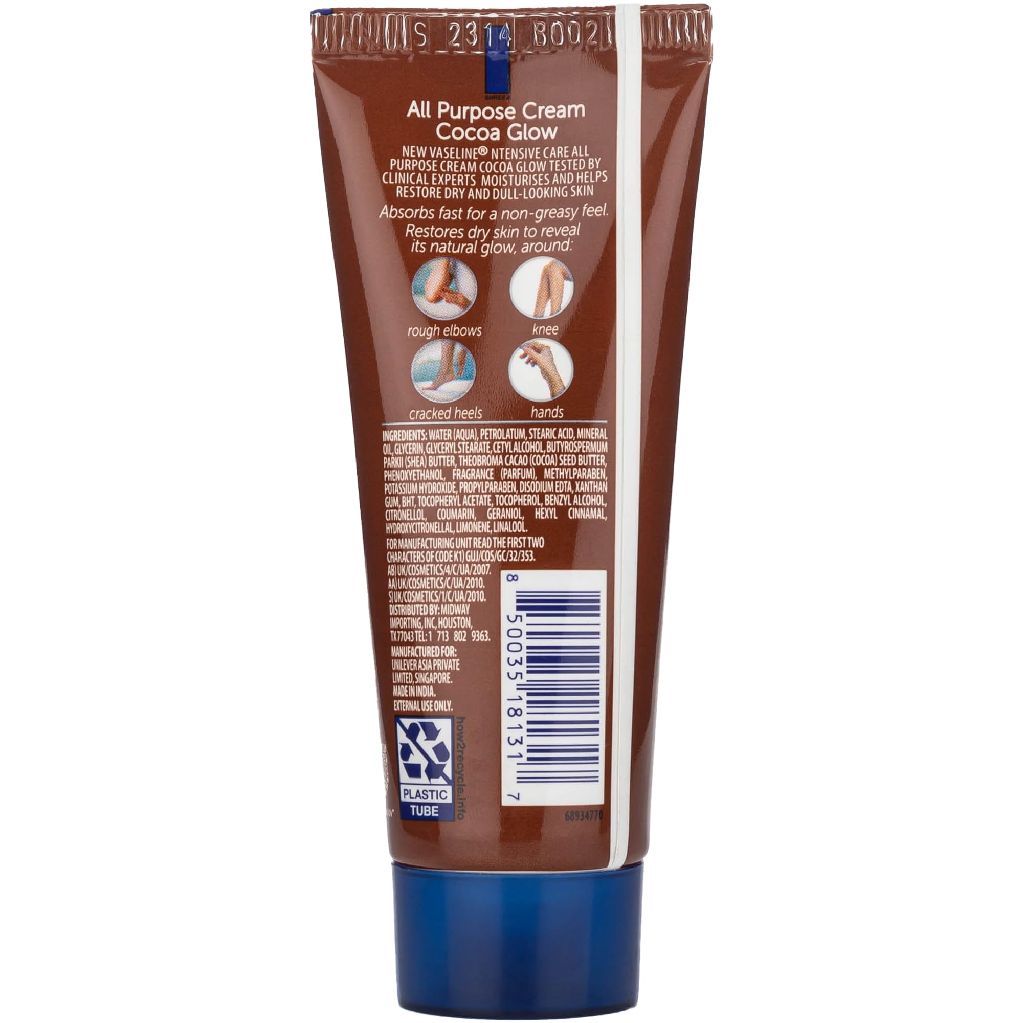 Vaseline Cocoa Glow lotion applied on hand for instant softening