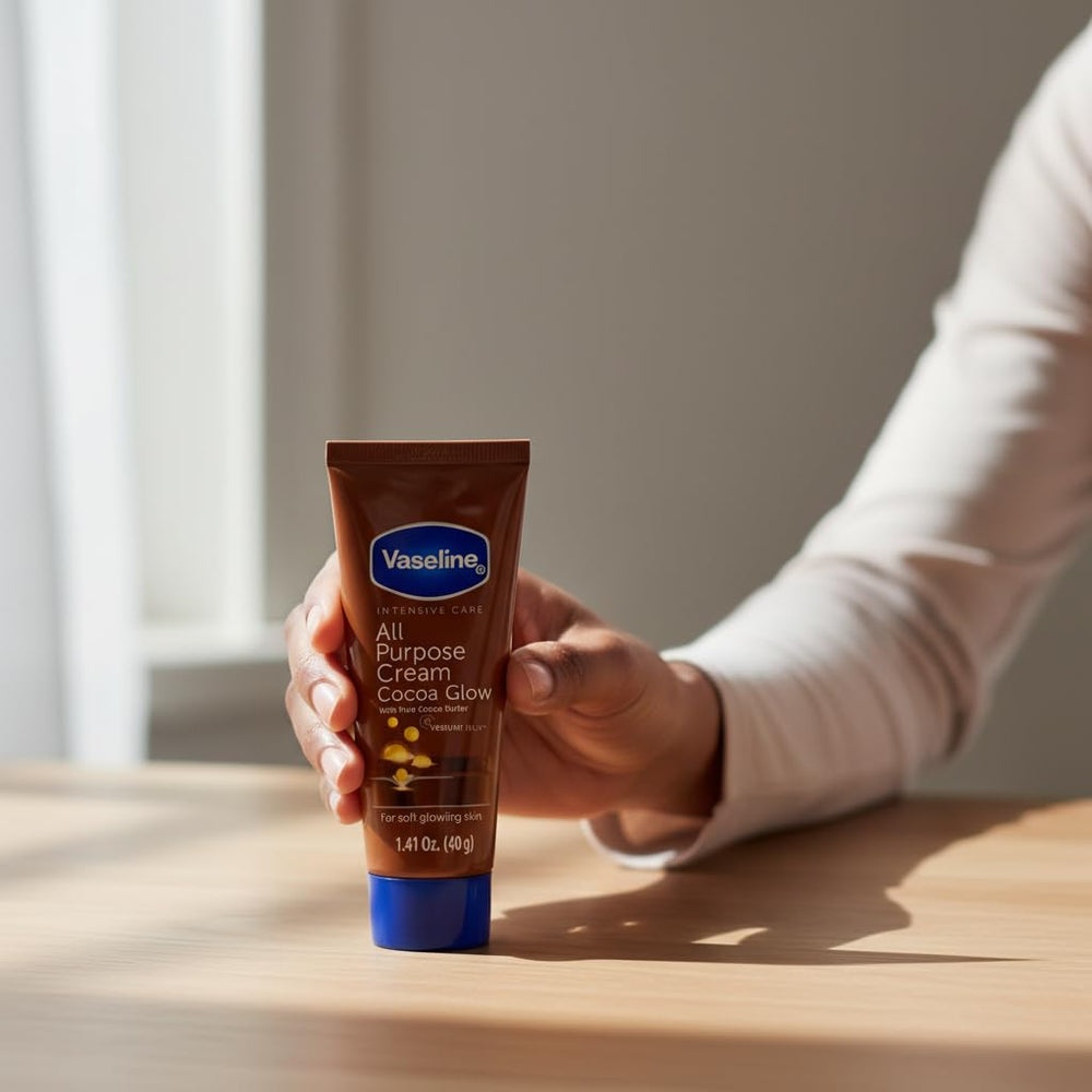 Vaseline tube next to a hand for compact size comparison