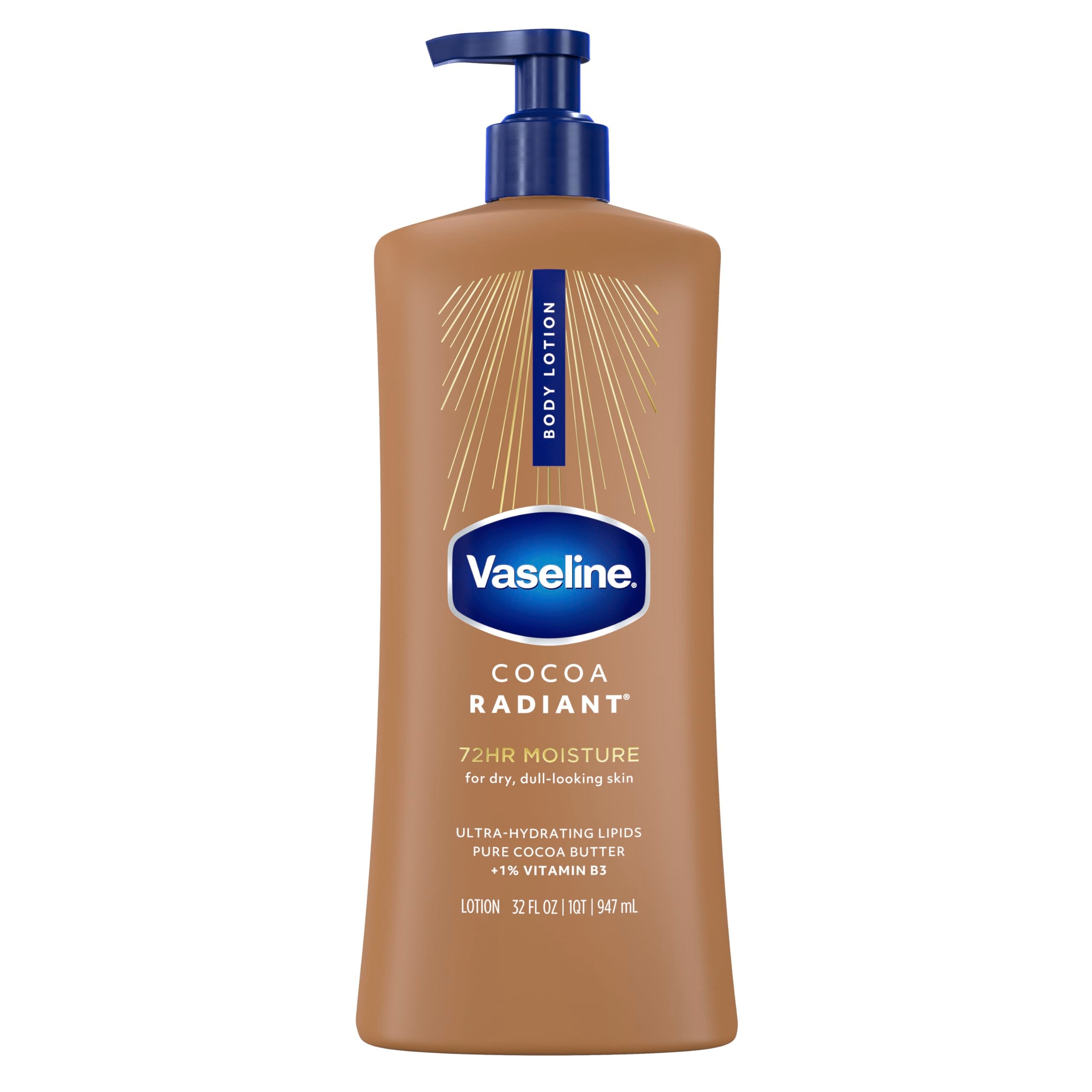 Vaseline front packaging shows 32 oz bottle and cocoa radiant benefit
