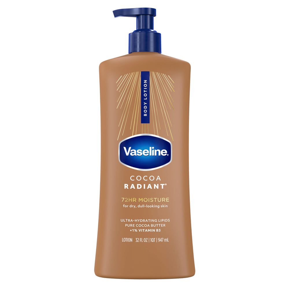 Vaseline front packaging shows 32 oz bottle and cocoa radiant benefit