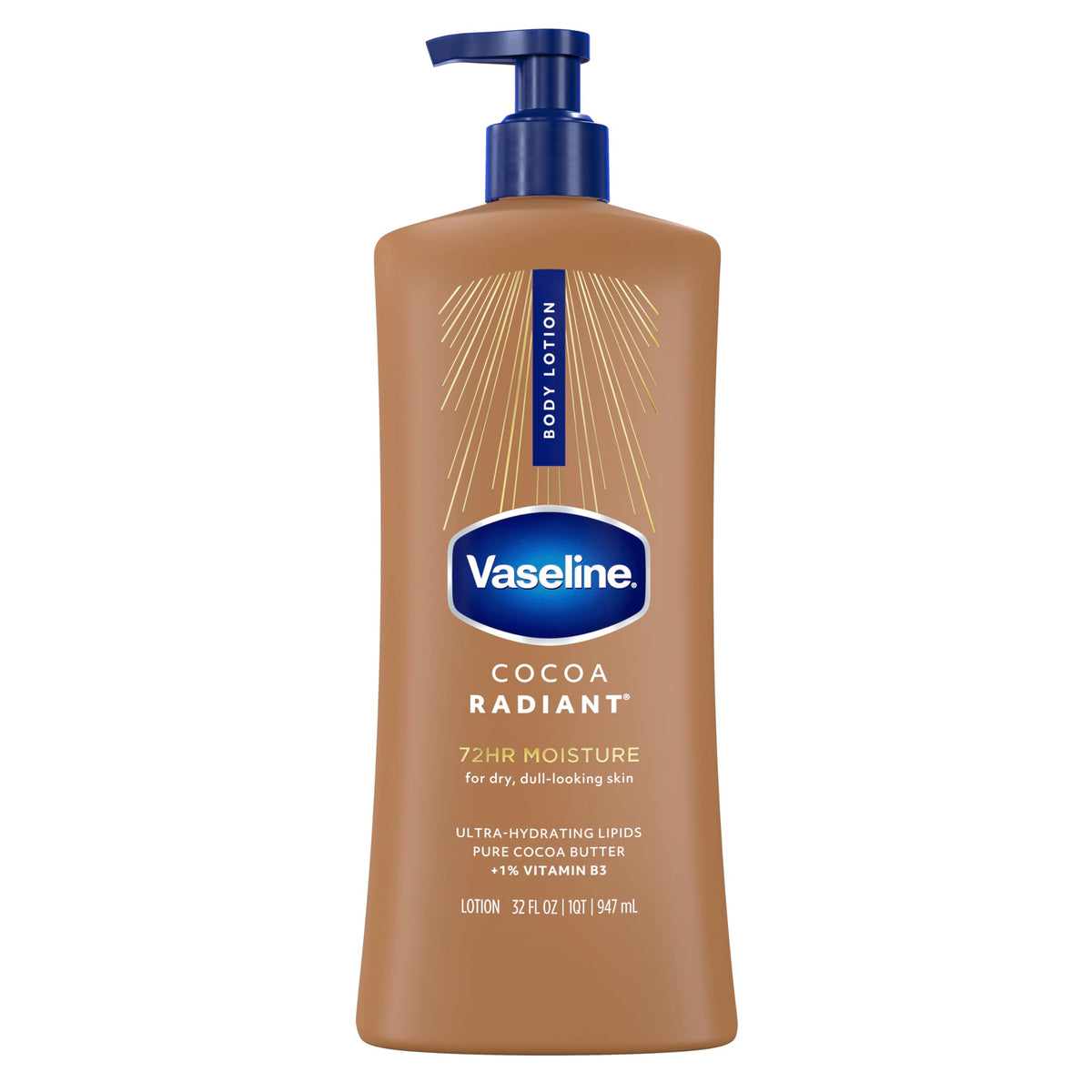 Vaseline front packaging shows 32 oz bottle and cocoa radiant benefit