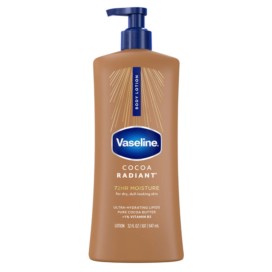 Vaseline front packaging shows 32 oz bottle and cocoa radiant benefit
