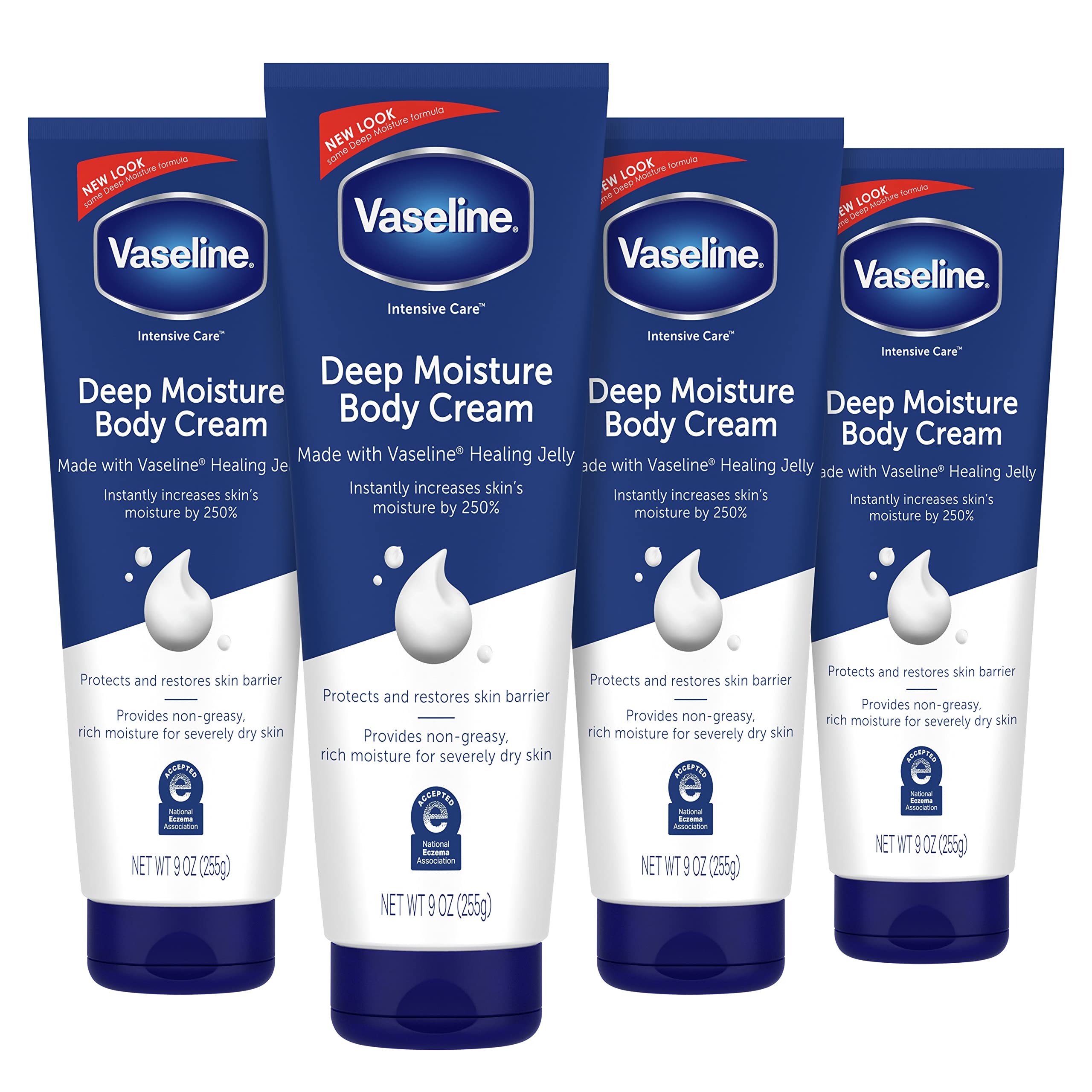Vaseline front packaging showing four 9 oz tubs and product identity benefits