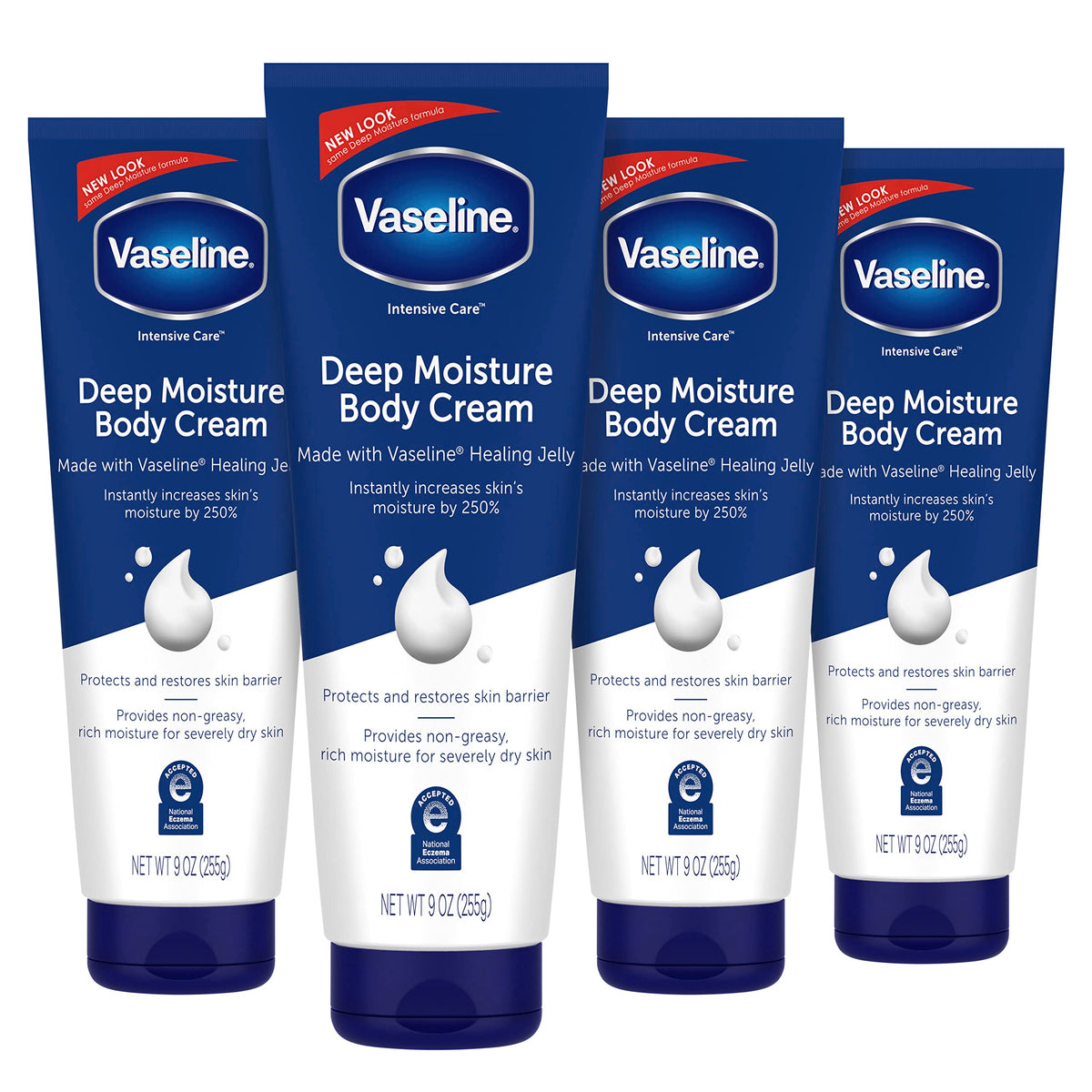 Vaseline front packaging showing four 9 oz tubs and product identity benefits
