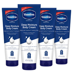 Vaseline front packaging showing four 9 oz tubs and product identity benefits