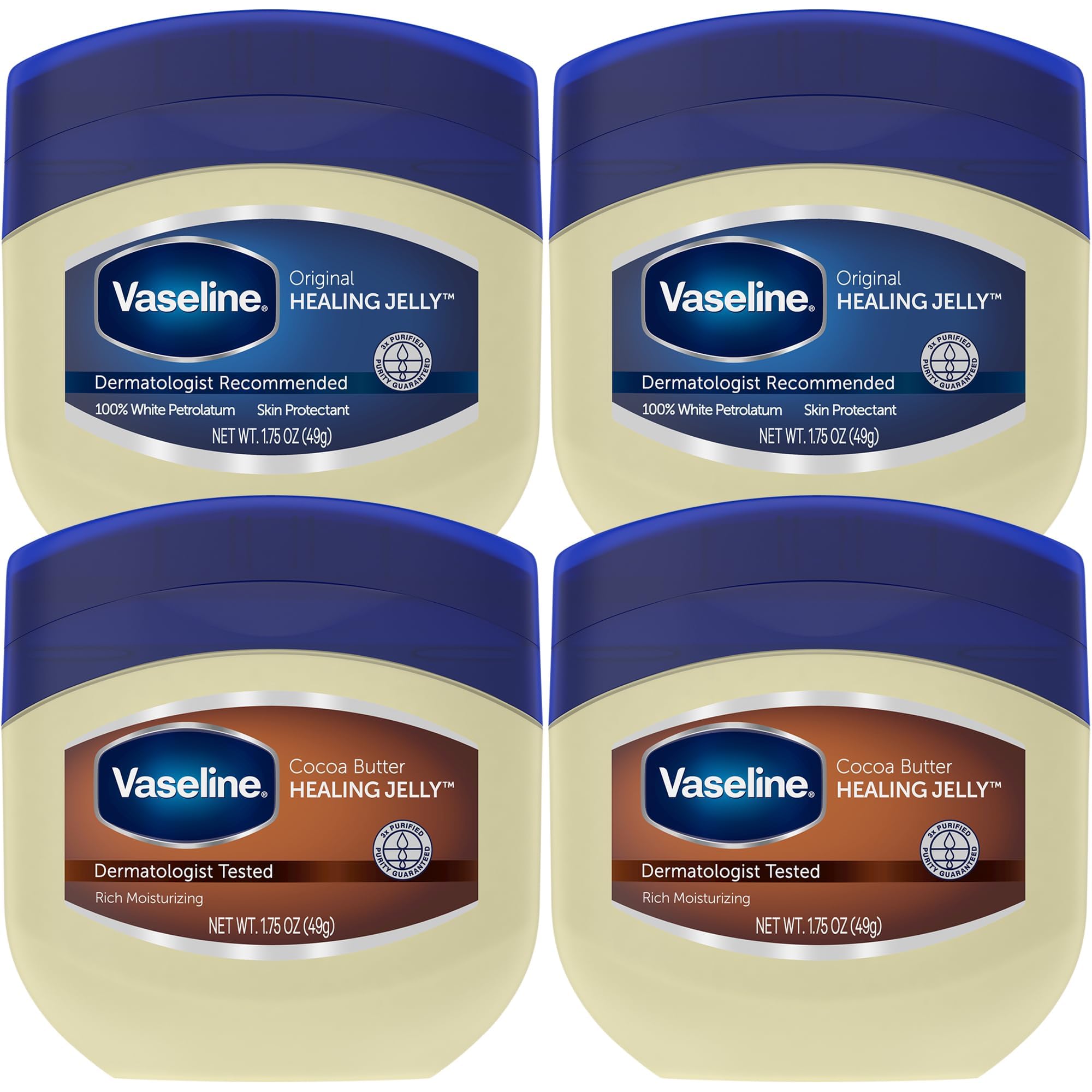 Vaseline front pack shot showing four travel-size jars and compact benefits