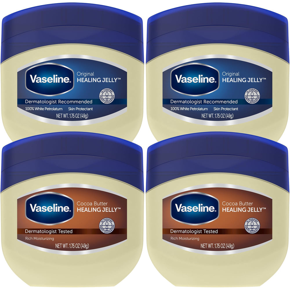 Vaseline front pack shot showing four travel-size jars and compact benefits