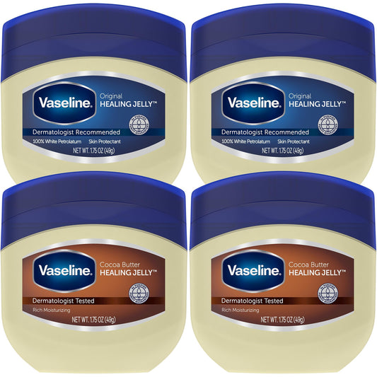 Vaseline front pack shot showing four travel-size jars and compact benefits