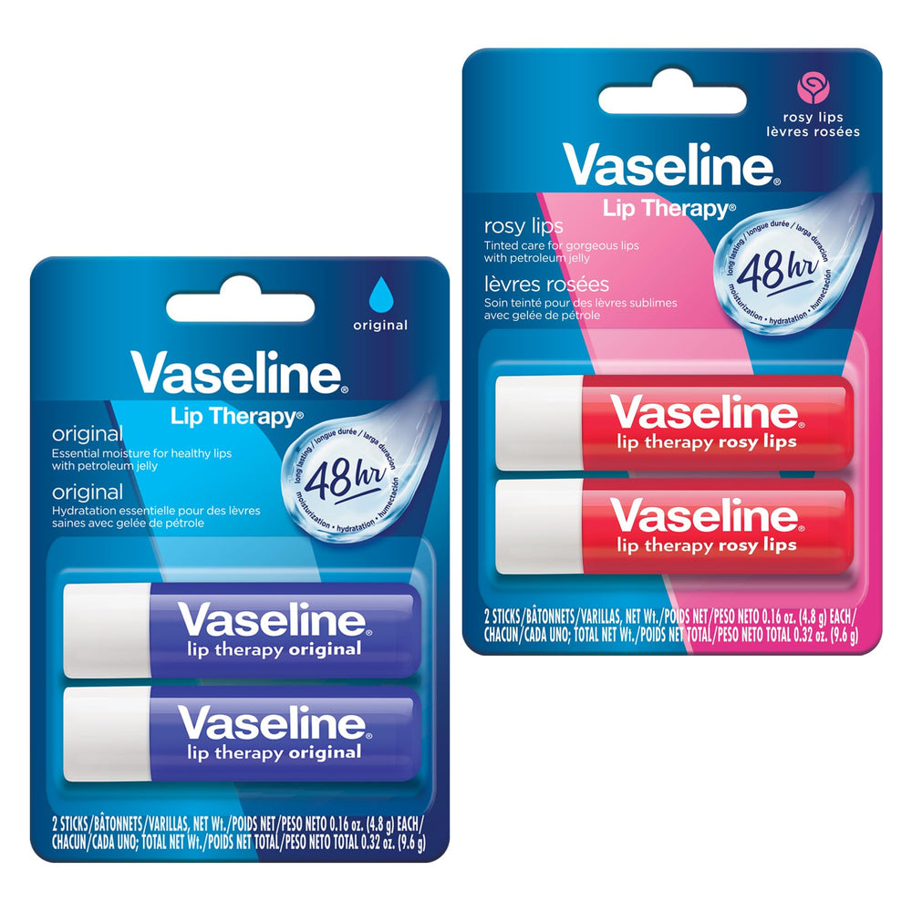Vaseline twin pack front packaging showing both Original and Rosy benefits