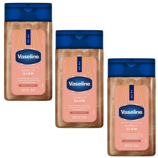 Vaseline front packaging showing three bottles and product branding to convey portability