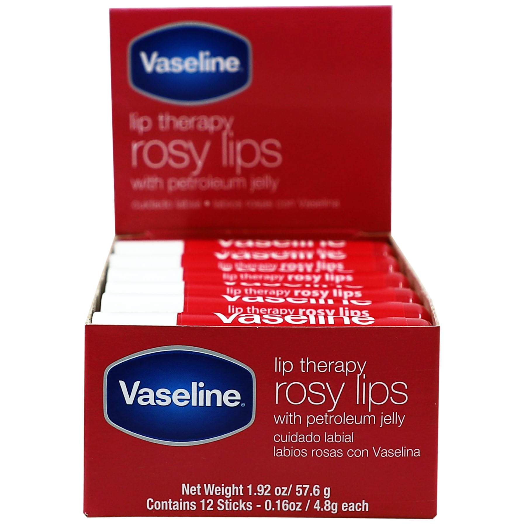 Vaseline Lip Rosy front packaging showing 12-stick value and product benefits