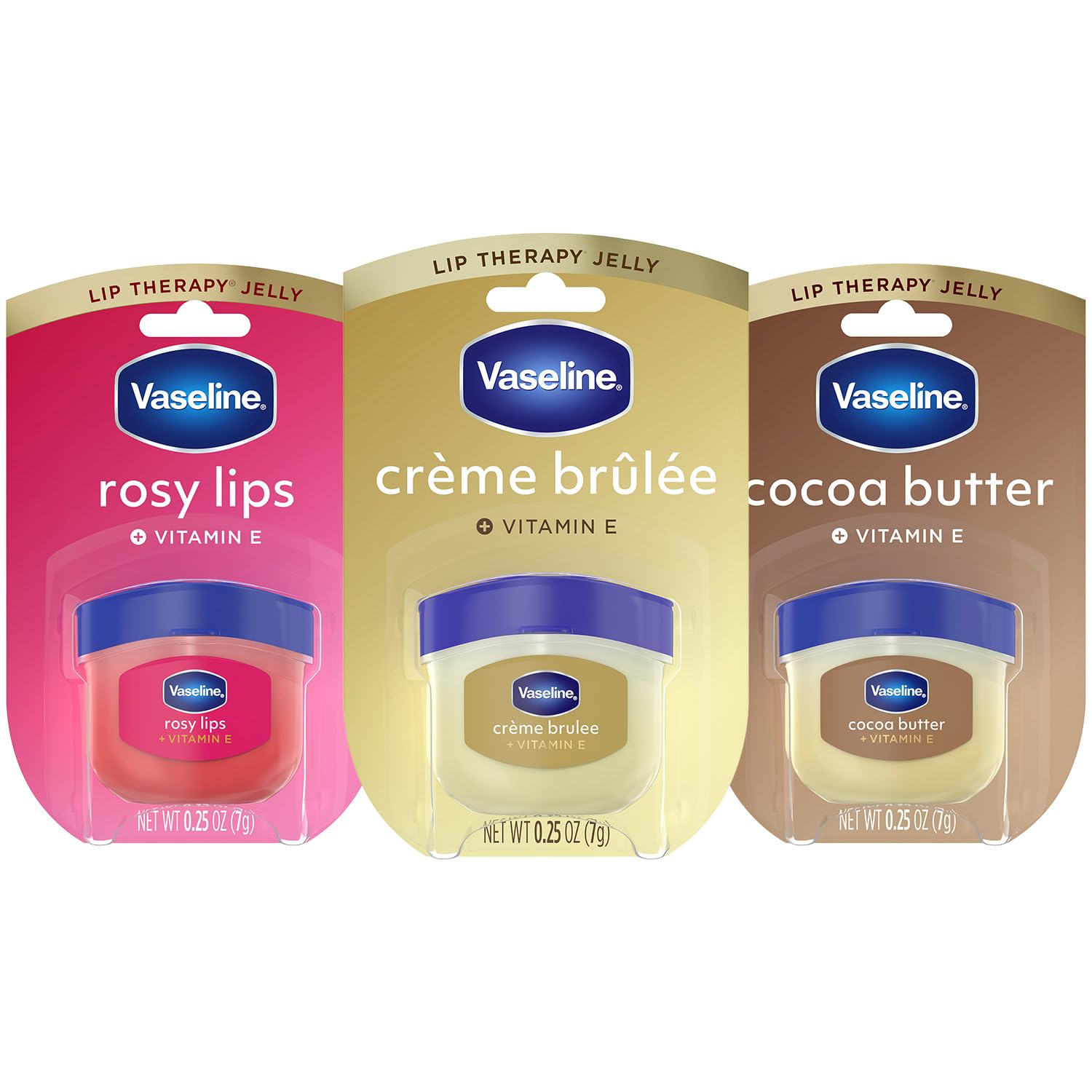 Vaseline 3-pack front packaging showing all three mini jars and benefits