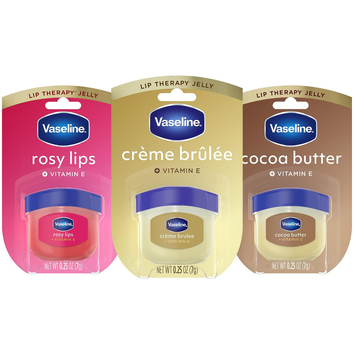 Vaseline 3-pack front packaging showing all three mini jars and benefits