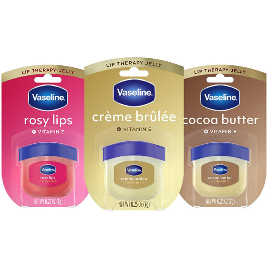 Vaseline 3-pack front packaging showing all three mini jars and benefits