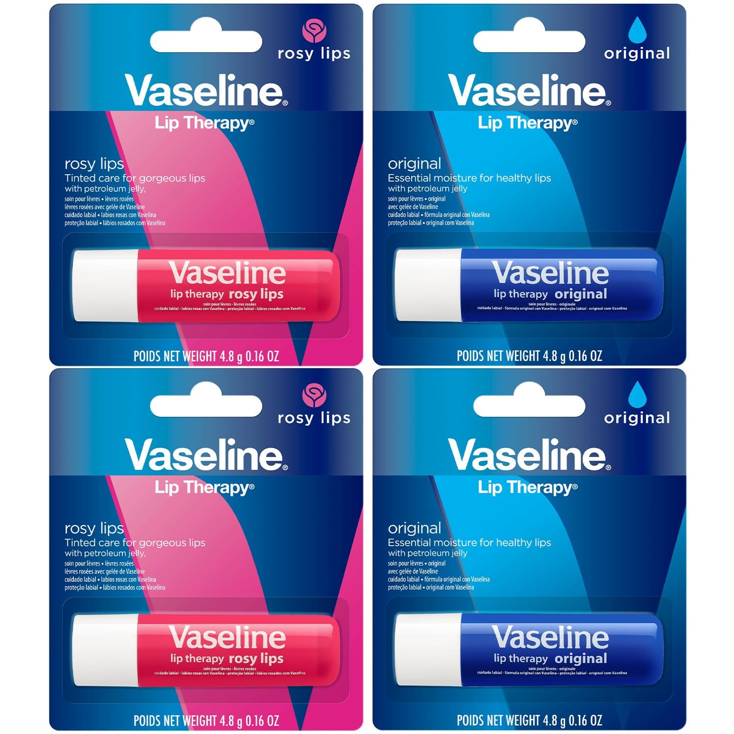 Vaseline front packaging showing four lip therapy sticks for convenient care
