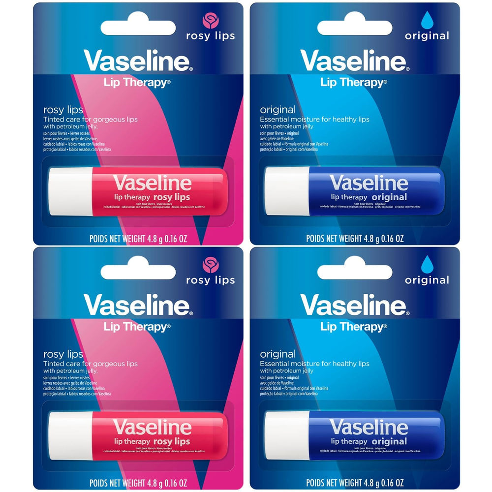 Vaseline front packaging showing four lip therapy sticks for convenient care