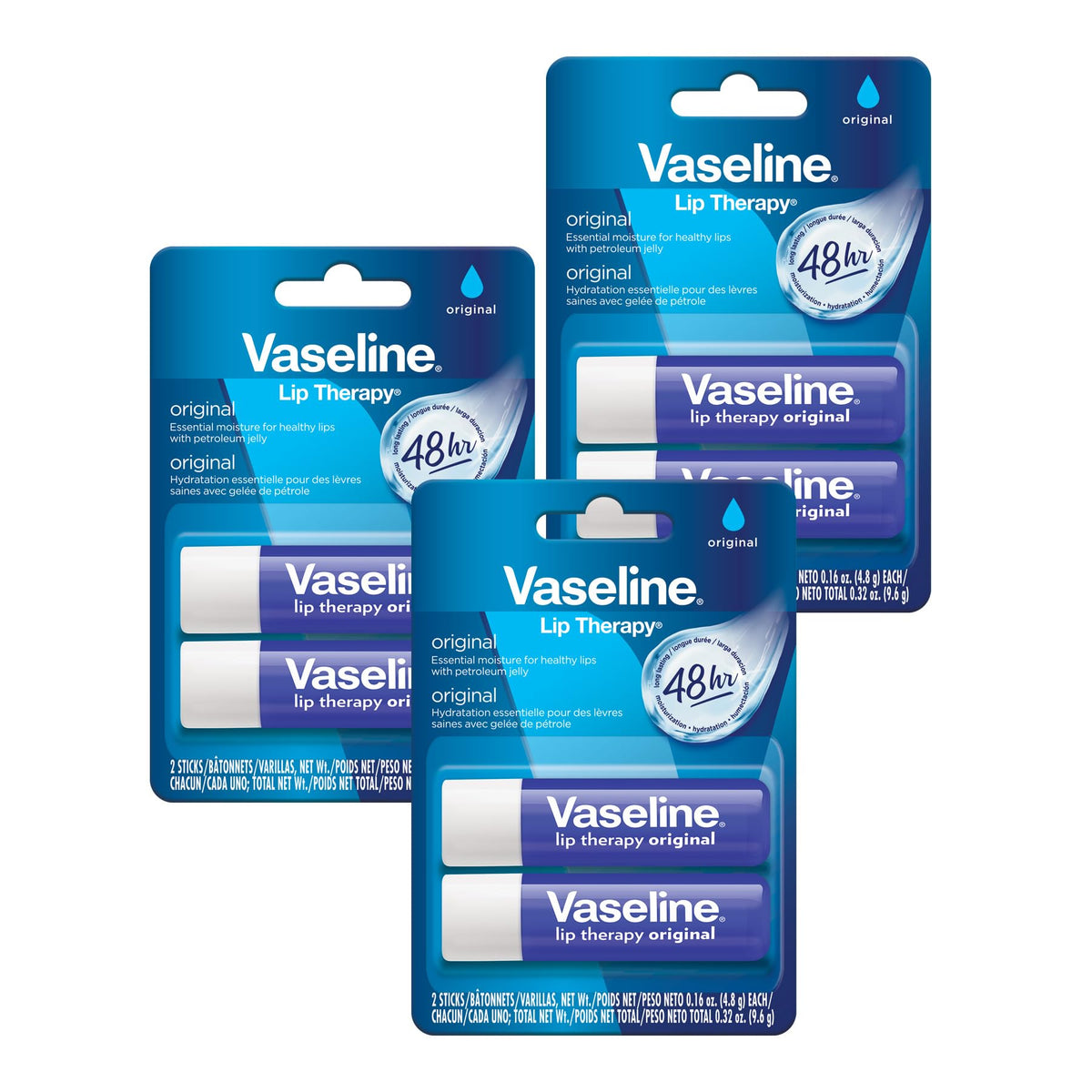 Vaseline front packaging showing six Original lip therapy sticks for easy replenishment