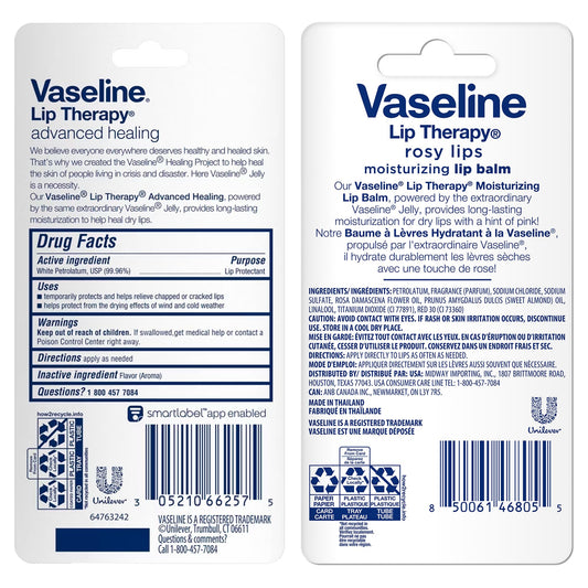 Vaseline Rosy Lips tube close-up highlighting soft pink tint benefit