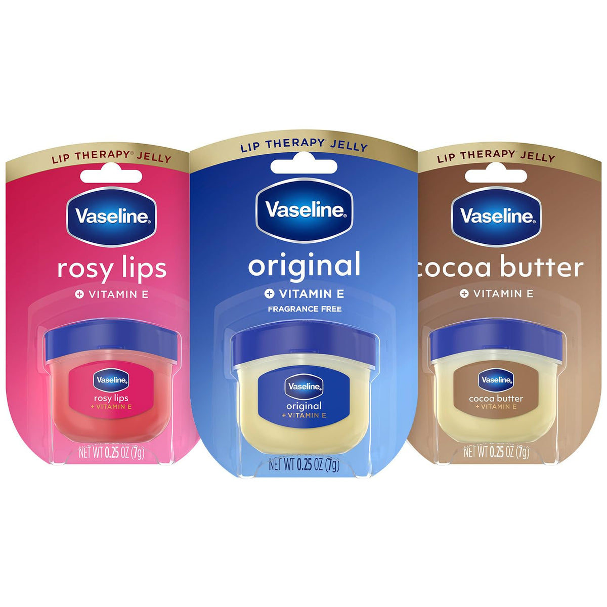 Vaseline three mini jars front view showing variety and convenience