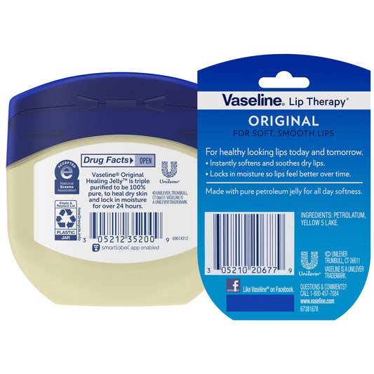 Vaseline mini lip therapy jar shown open for convenient on-the-go care