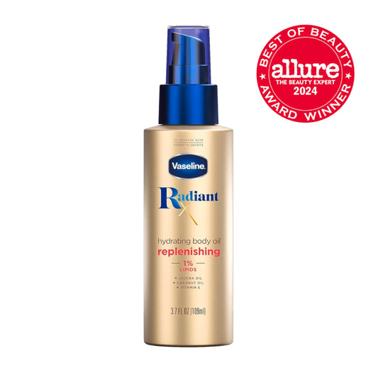 Vaseline radiant x dispensing drop from bottle highlighting easy use