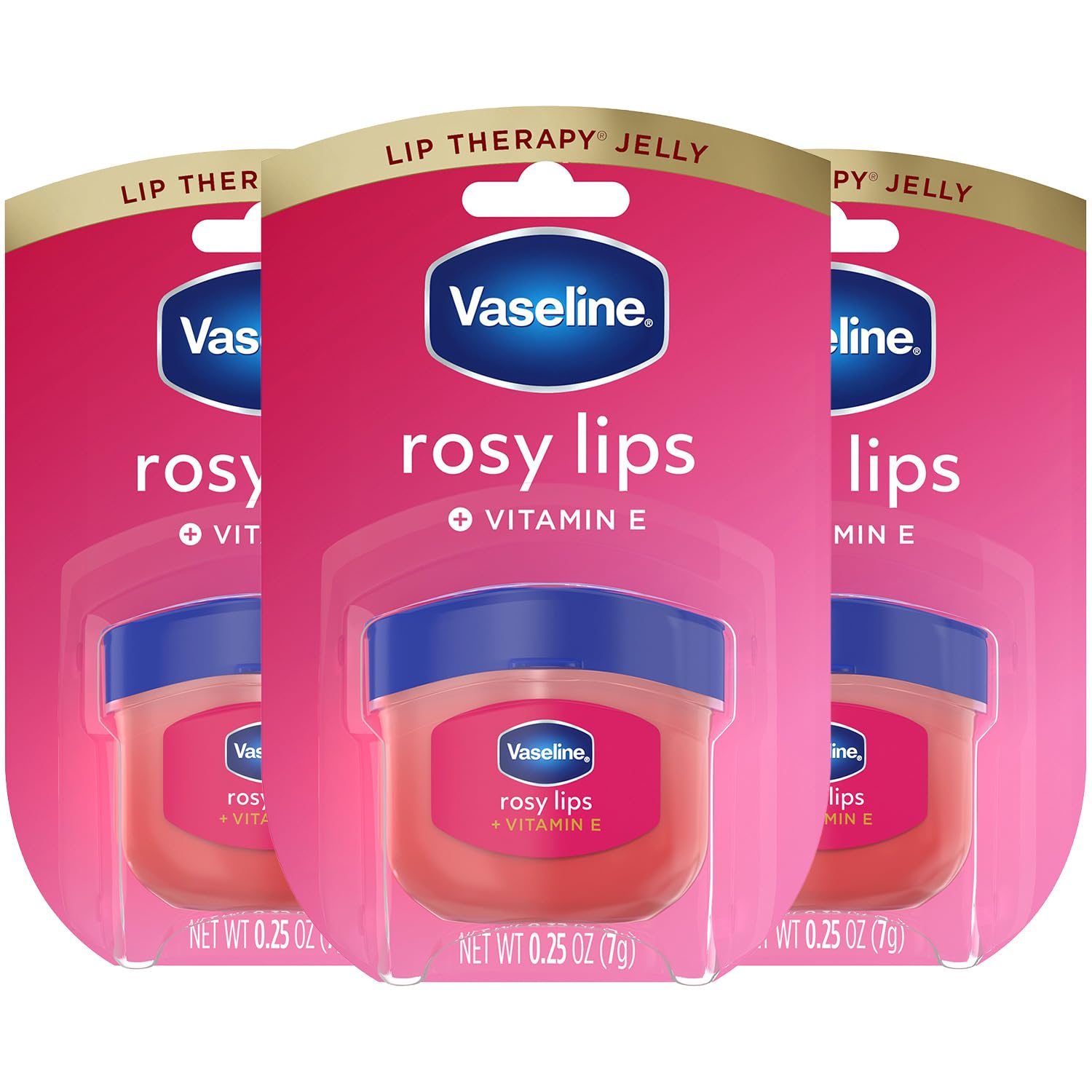 Vaseline front packaging showing three rosy lips mini jars for easy hydration