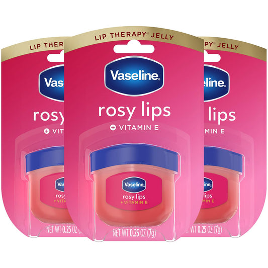 Vaseline front packaging showing three rosy lips mini jars for easy hydration
