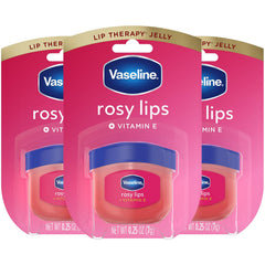 Vaseline front packaging showing three rosy lips mini jars for easy hydration